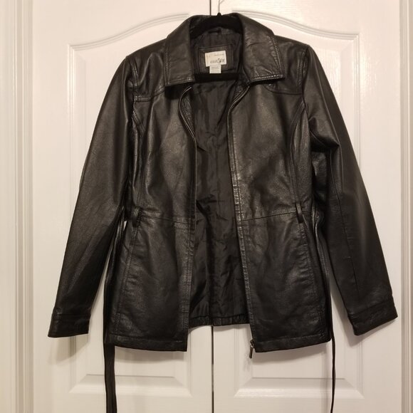 Genuine Leather Jacket Black with Waist Tie Collared Medium East 5th Vintage - Picture 3 of 15